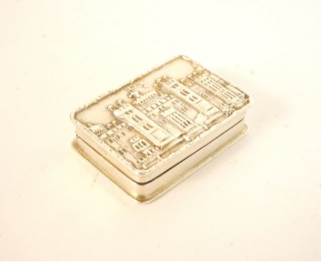 SILVER SNUFF BOX
with a lift up lid decorated with Hampton Court Palace, makers mark S.J. Rose & Son, Birmingham 1985  