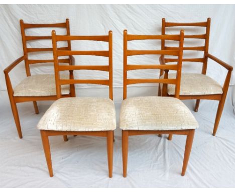 SET OF FOUR GOLDEN BEECH LADDER BACK DINING CHAIRS
with stuffover seats, comprising two carvers and two single chairs, standi