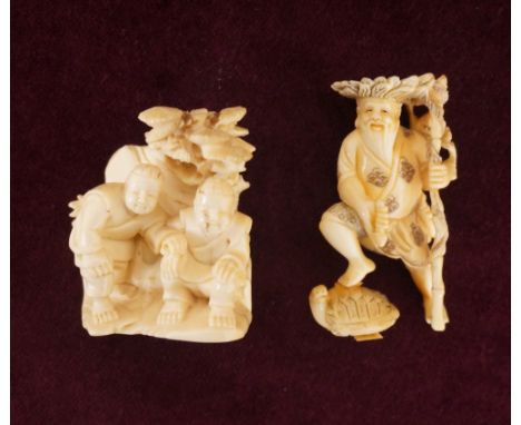 JAPANESE CARVED IVORY NETSUKE
of a fisherman with his raised foot resting on a turtle, 5cm high; and a Japanese carved ivory 