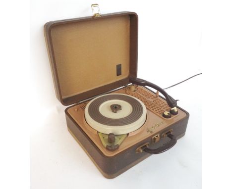 VINTAGE 'REGENTONE' HANDY-GRAM PORTABLE RECORD PLAYER
with a sprung turntable and variable speed for 78's, 45's, 33's and 16'