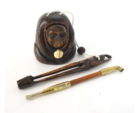 CHINESE BRASS MOUNTED BAMBOO OPIUM PIPE
early 20th century, one brass mount with silver overlaid bird decoration, 19.3cm long