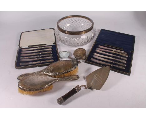 Hallmarked silver incl. silver rimmed and glass fruit bowl, silver handled butter knives, small silver trinket box, two dress