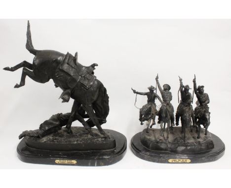 After Frederic Remington (1861-1906); 'The Wicked Pony', a bronze figural group of pony and fallen cowboy, signed and numbere