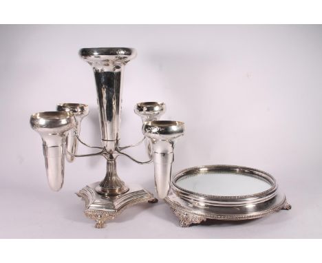 Silver plated centrepiece epergne, late 19th century, of four branches holding tapered trumpet form holders with conforming c