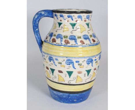 In the manner of Bough pottery; a Scottish art pottery pitcher, decorated in repeating polychrome geometric motifs between bl