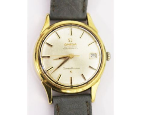 An 18ct gold Omega Automatic Chronometer Constellation wristwatch. Condition - not currently running, no clasp on strap, gene