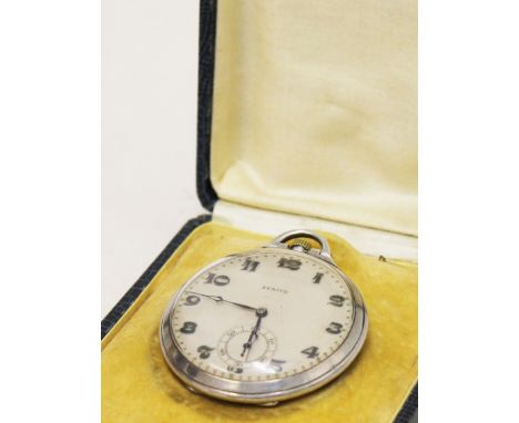 A white metal Zenith pocket watch with associated box