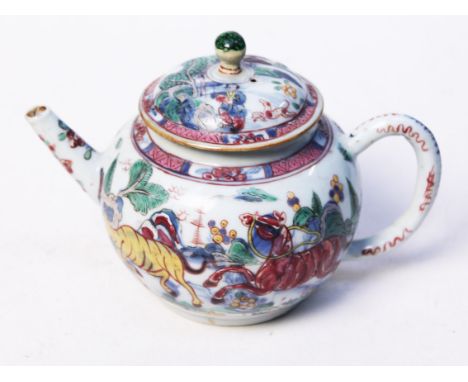 A Chinese export porcelain tea pot, length 17.5cm. Condition - finial broken and repaired, old repair to rim.