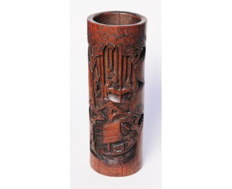 A Chinese carved bamboo vase, height 33.5cm. Condition - old splits to wood repaired, no further damage, general wear