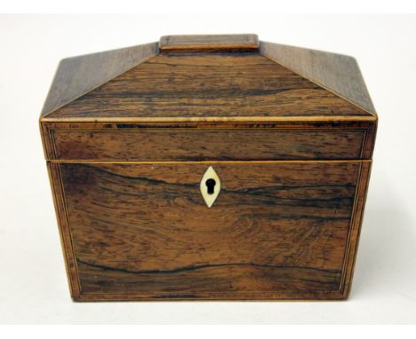 A Georgian rosewood sarcophagus tea caddy, length 18cm. Condition - previously had feet and handles, otherwise very good.