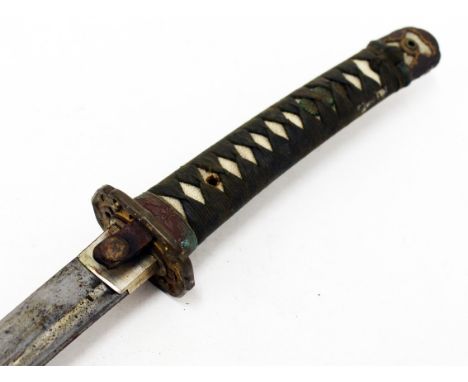 A Japanese WWII sword with foliate gilt tsuba and menuki bound fish skin handle, signed tang, black lacquer scabbard with lea
