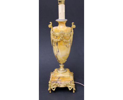 A yellow marble and gilt ornate gilt metal lamp, height 47cm. Condition - good, no damage/repair, wear to gilding only