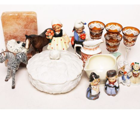 A mixed lot to include an alabaster book end with painted metal dog, a Basil Matthews zebra, a Minton leaf bowl, a Susie Coop