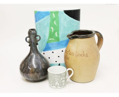 A mixed lot comprising a Dresser style vase, a John Leach Jug, a vase and a mug with 'Chinese' transfer design. Condition - g