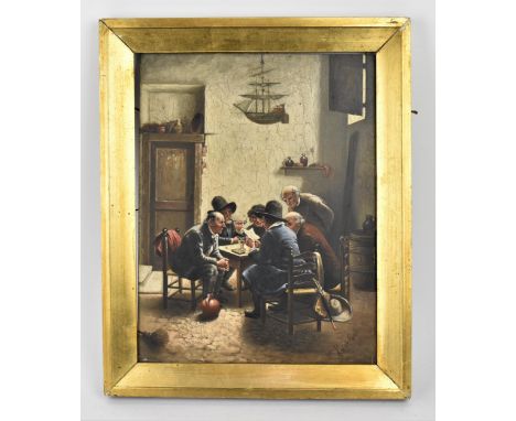 Dutch School, 19th centurya genre tavern scene with men discussing at a table, signed lower right 'Van De K????' oil on panel