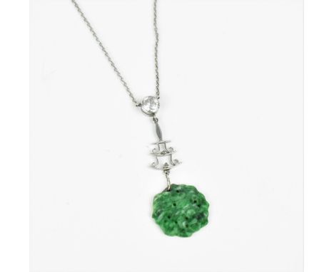 A 9ct white gold, white sapphire and jade necklace, the diamond roughly 0.30 ct, on a fine cable chain, ending in a jade roun