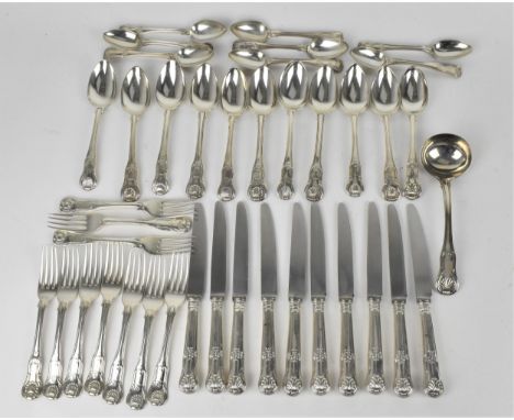A matched set of English silver flatware in the King's pattern, to include a set of ten George III dessert forks, nine of the