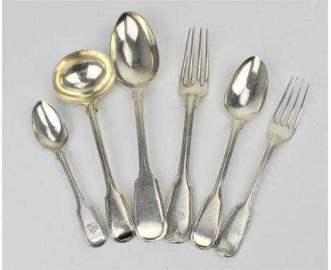 A  six place setting of 19th century British silver flatware, to include tablespoons, dessert spoons, dinner forks, salad for