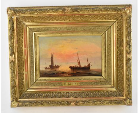 Henriette Herminie Gudin (1825-1876) - a coastal scene at sunset with boats unloading their catch, oil on panel, signed L.L, 