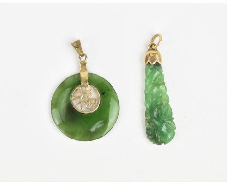 Two yellow metal mounted spinach jade pendants, to include one as a drop with pierced and carved foliage, the other as a roun