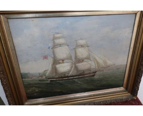 19th C gilt framed oil on board twin masted ships portrait leaving harbour scene (possibly Whitby harbour) titled `Samual How