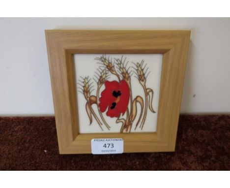 Framed and mounted Moorcroft poppy pattern ceramic tile (14cm x 14cm including framed) 