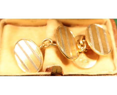 Pair of 18ct gold chain link oval cuff-links in two tone gold with engine turn detail 