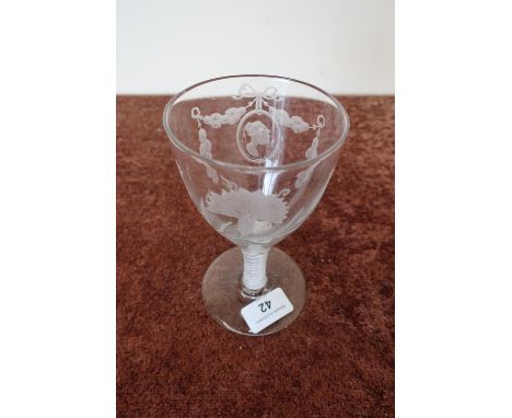 19th C large spiral rummer glass with white spiral twist stem and circular base with pontil mark, with etched floral and port