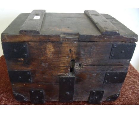 Oak bank style cash/deed strongbox with metal strapwork detail and hinges, twin carrying handles and two lever lock by R R Ro