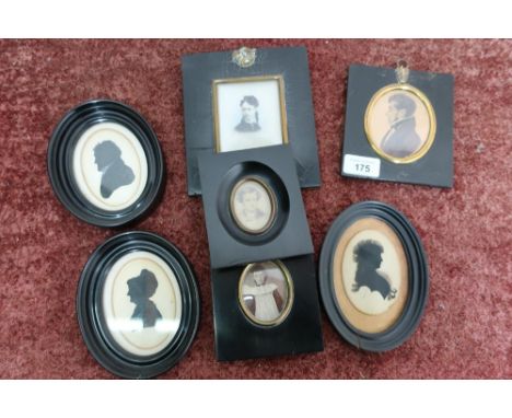 Collection of seven assorted 19th C portrait miniatures with ebonised frames including three silhouettes 