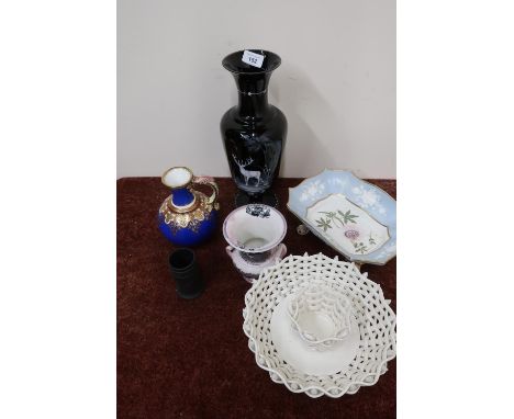 Early 20th C large black glass vase with overlaid white glass detail depicting a stag, two ceramic lattice work bowls, Victor