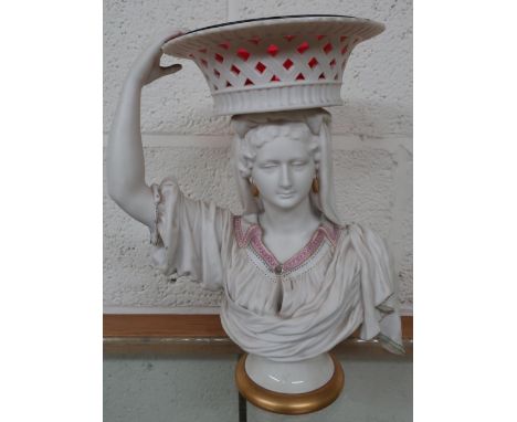 Rare Royal Worcester parian bust comport, coloured enamels, pierced basket cranberry glass liner on socle, date code for 1866