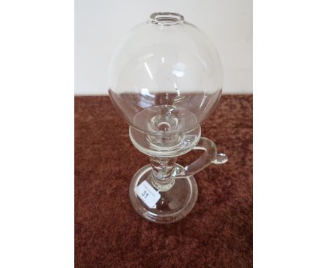 19th C glass lace makers oil lamp with circular base, loop handle, rib column and glass globe (height 22cm) 