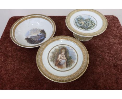 Large Prattware bowl with central landscape scene (diameter 26cm), similar comport No. 123 and another similar comport with c