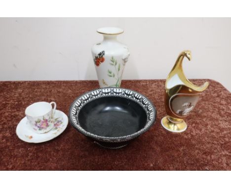 Group of 19th C and later ceramics including a French gilt helmet shaped cream jug, a Worcester vase with floral detail and b