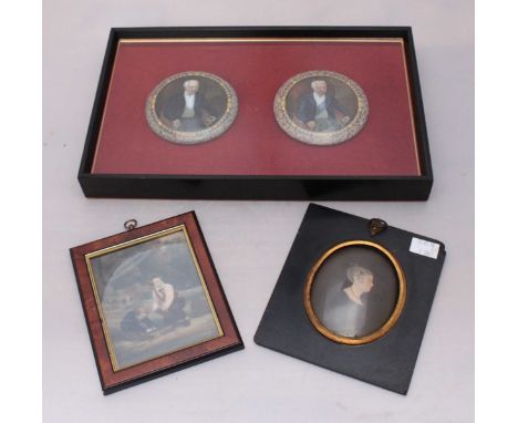 Two framed ceramic pot-lids printed with a three-quarter-length portrait of a grey-haired Duke of Wellington, together with a