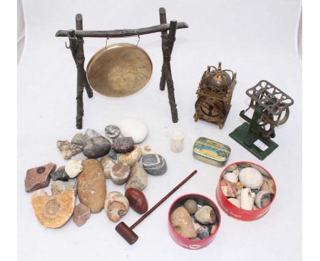 A Smiths small spring-driven Lantern 'style' clock, together with a set of postal scales and table gong with rustic frame and