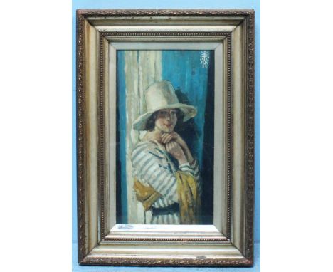 A 1930s half-length portrait of a lady in blue and white striped dress with yellow scarf and straw hat, monogrammed possibly 