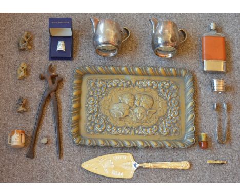 A decorative Edwardian brass dish with angel heads in relief, approximately 20x30cm, together with two vintage Mappin & Webb 