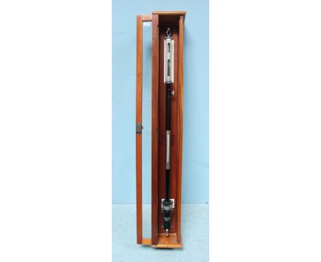 A Fortin scientific stick barometer, black enamelled body, in original glazed stained wood hanging case, approximately 118cm