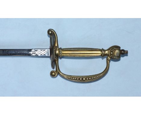A George VI Court Sword, by Wilkinson & Son, with 32' blade with burnished Arabesque decoration, knuckle-guard and cruciform 