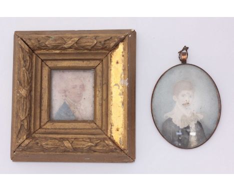 A late 18th/ early 19th Century head-and-shoulders portrait of a wigged man in Naval uniform, 45x40mm in giltwood frame, toge