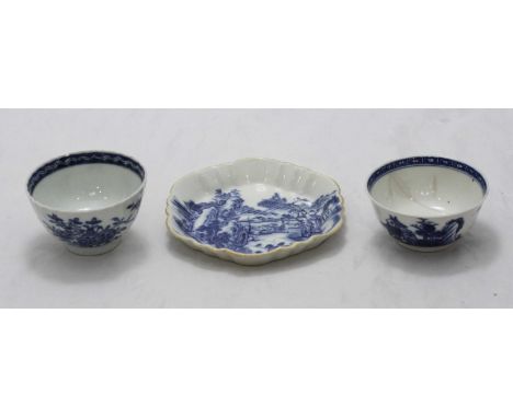 Two 18th century Chinese blue and white porcelain tea bowls and a dish, together with a print of The Needles and a cased 24-p