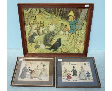 After Margaret W. Tarrant, Pixie giving maths lesson to forest animals, colour print in pitch pine frame, 45x52cm, together w
