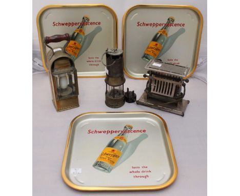 A Richard Johnson, Clapham & Morris of Manchester miner's lamp circa 1900, vintage toaster by Landers Friary & Clark, another