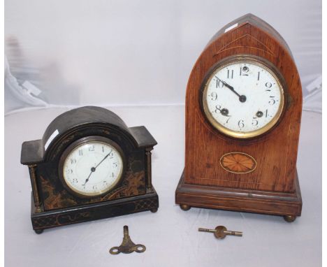 An oak and boxwood inlaid lancet clock, the white enamel dial with Arabic numerals denoting hours, together with a black lacq