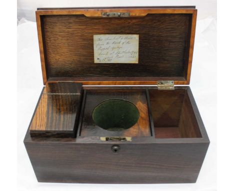 A 19th century tea caddy made from the timbers of the Royal George, sunk at Spithead 1782, timbers salvaged 1841, of rectangu