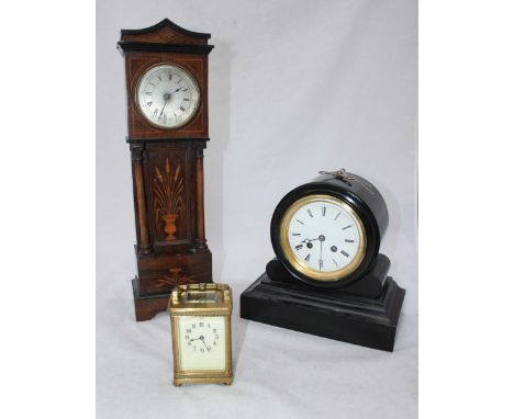 A wooden clock modelled as a Victorian black slate mantel clock, together with an early 20th Century miniature rosewood and m