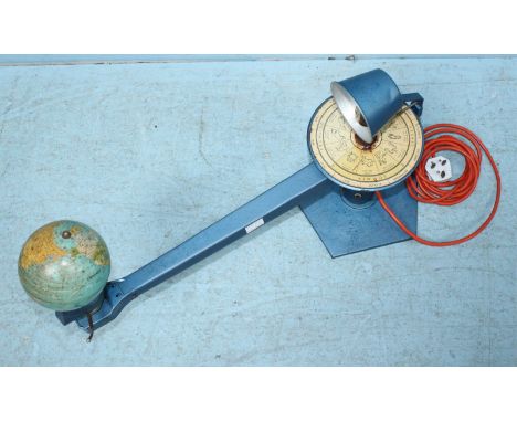 A vintage German schoolroom orrery, single arm depicting the earth and the moon's rotation, blue lacquered metal, approximate