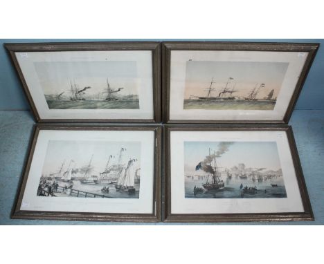 A set of four framed colour lithographs after Max Beeger, entitled 'L'Affaire d'Orient, 1854' related to the Baltic and Crime